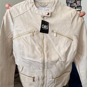 GBG Los Angeles Cream Faux Leather Moto Jacket with Gold Hardware